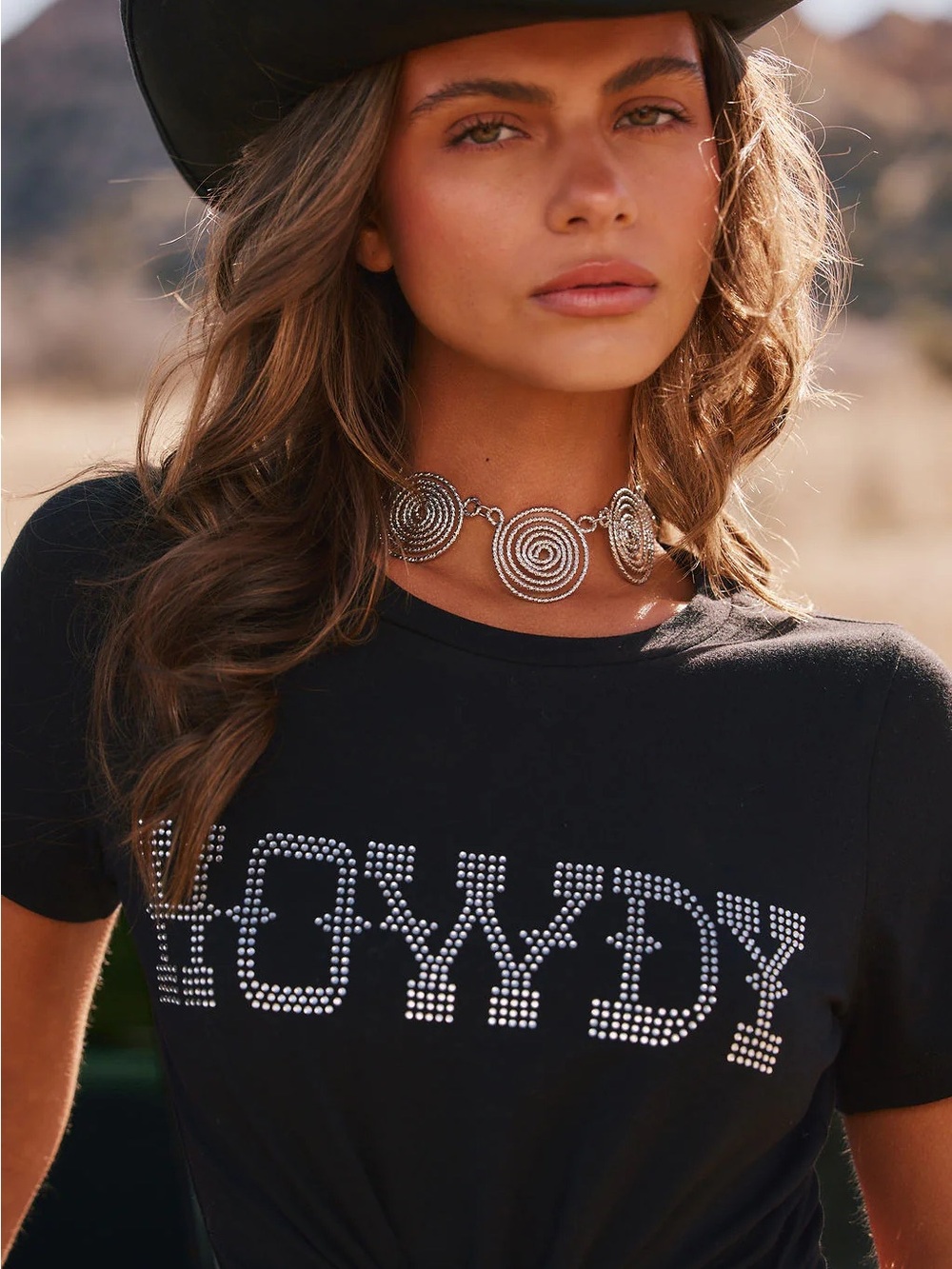 12th Tribe Black Crop Top with Silver Stud 'Howdy'